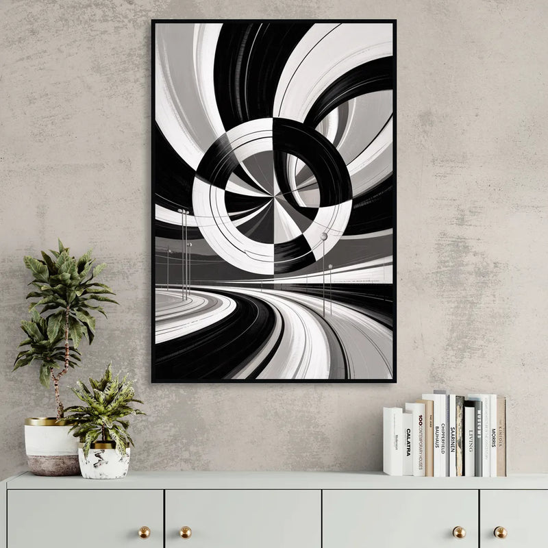 Dynamic Geometric Motion Black and White Abstract Living Room - Black Canvas Wall Art