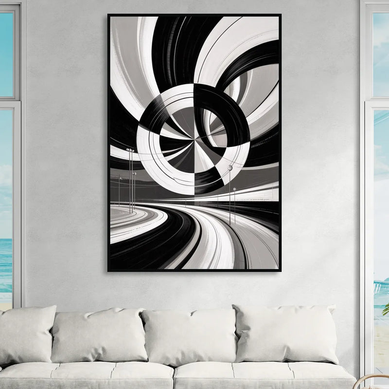 Dynamic Geometric Motion Black and White Abstract Sitting Room - Black Canvas Wall Art