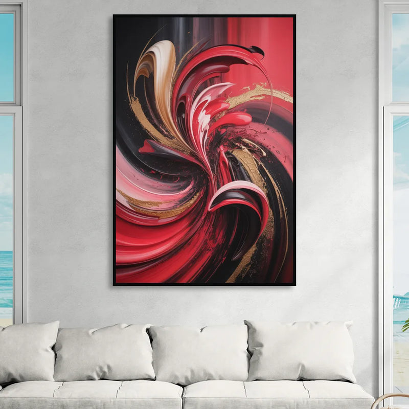 Dynamic Swirl Red Abstract Living Room - Black Canvas Wall Art