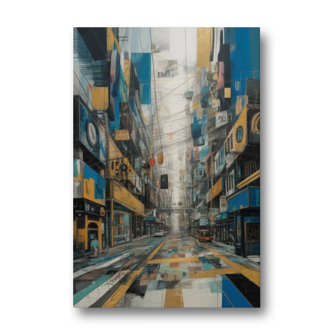 Dynamic Urban Layers Blue and Gold Abstract - Canvas Wall Art - Front