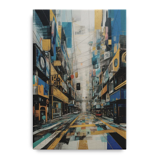 Dynamic Urban Layers Blue and Gold Abstract - Canvas Wall Art