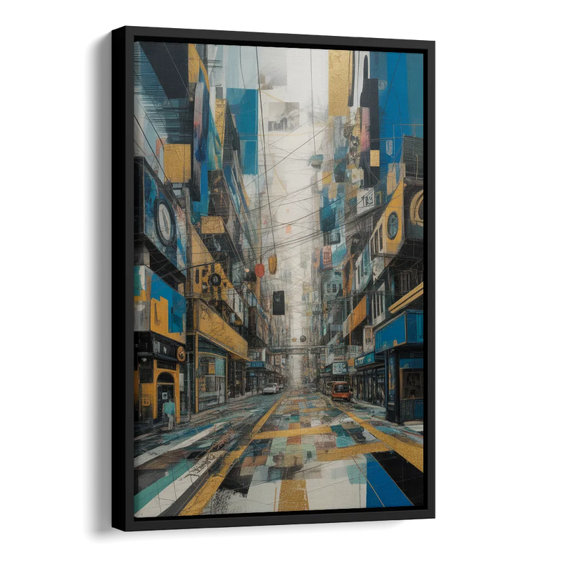 Dynamic Urban Layers Blue and Gold Abstract Side - Black Canvas Wall Art