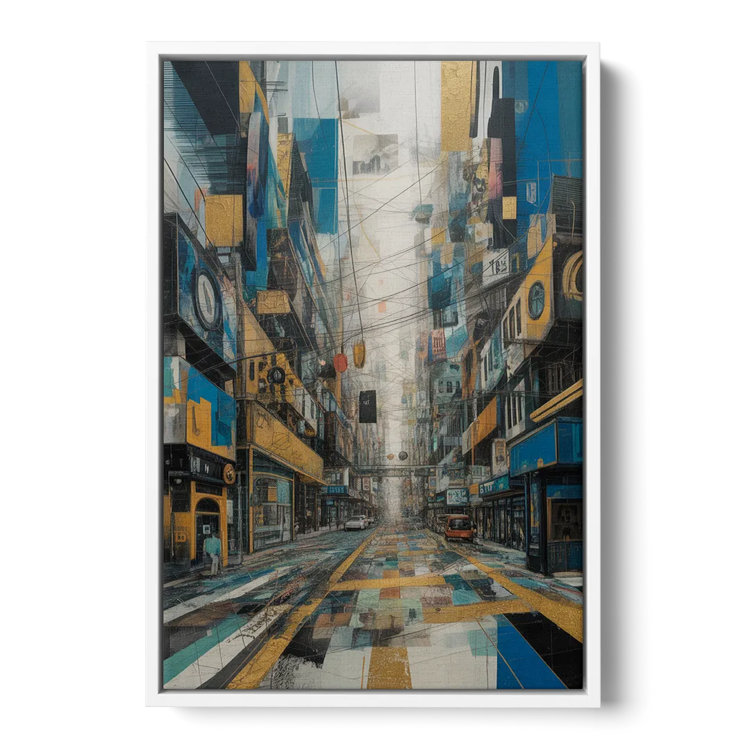 Dynamic Urban Layers Blue and Gold Abstract - White Frame Canvas