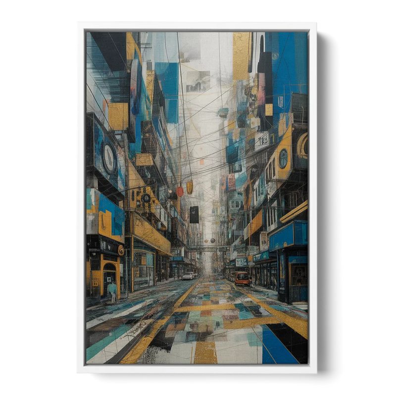 Dynamic Urban Layers Blue and Gold Abstract Front - White Canvas Wall Art