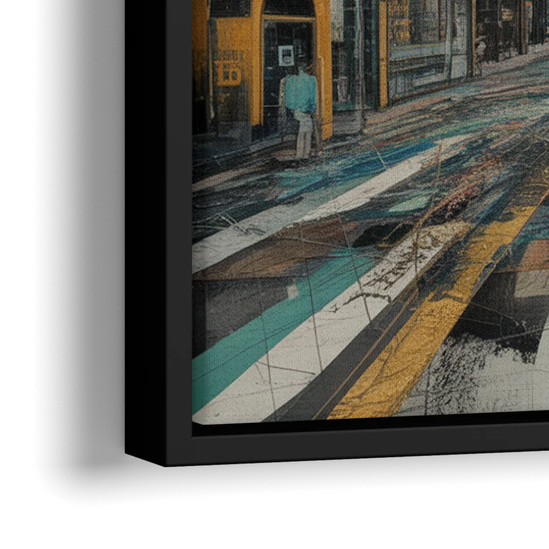 Dynamic Urban Layers Blue and Gold Abstract - Close-Up Black Frame Canvas