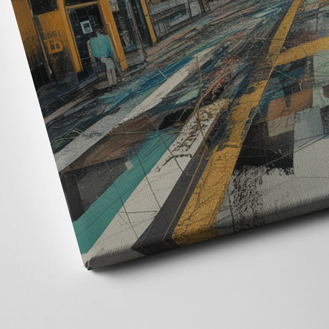 Dynamic Urban Layers Blue and Gold Abstract Canvas Close Up