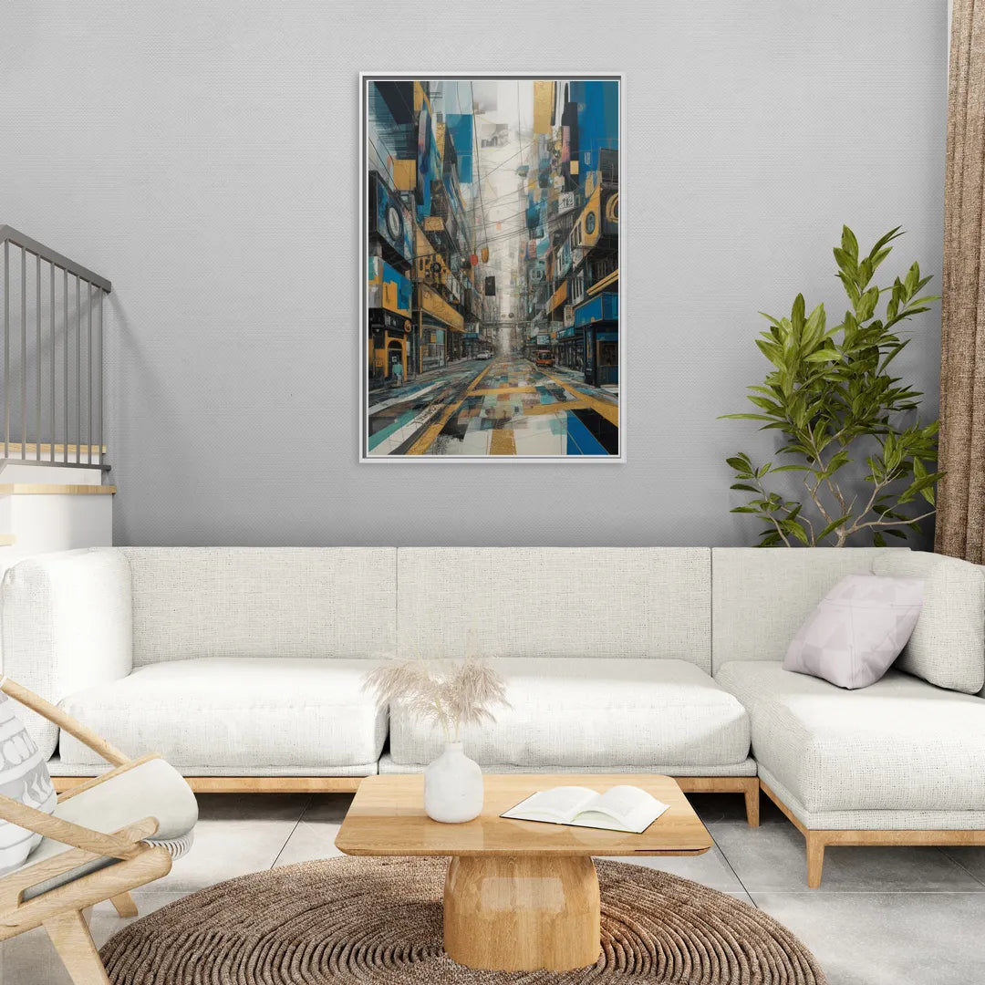 Dynamic Urban Layers Blue and Gold Abstract - Living Room White Frame Canvas