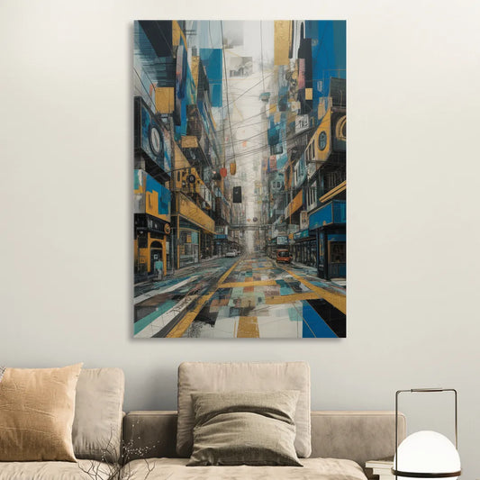 Dynamic Urban Layers Blue and Gold Abstract Living Room - Canvas Wall Art
