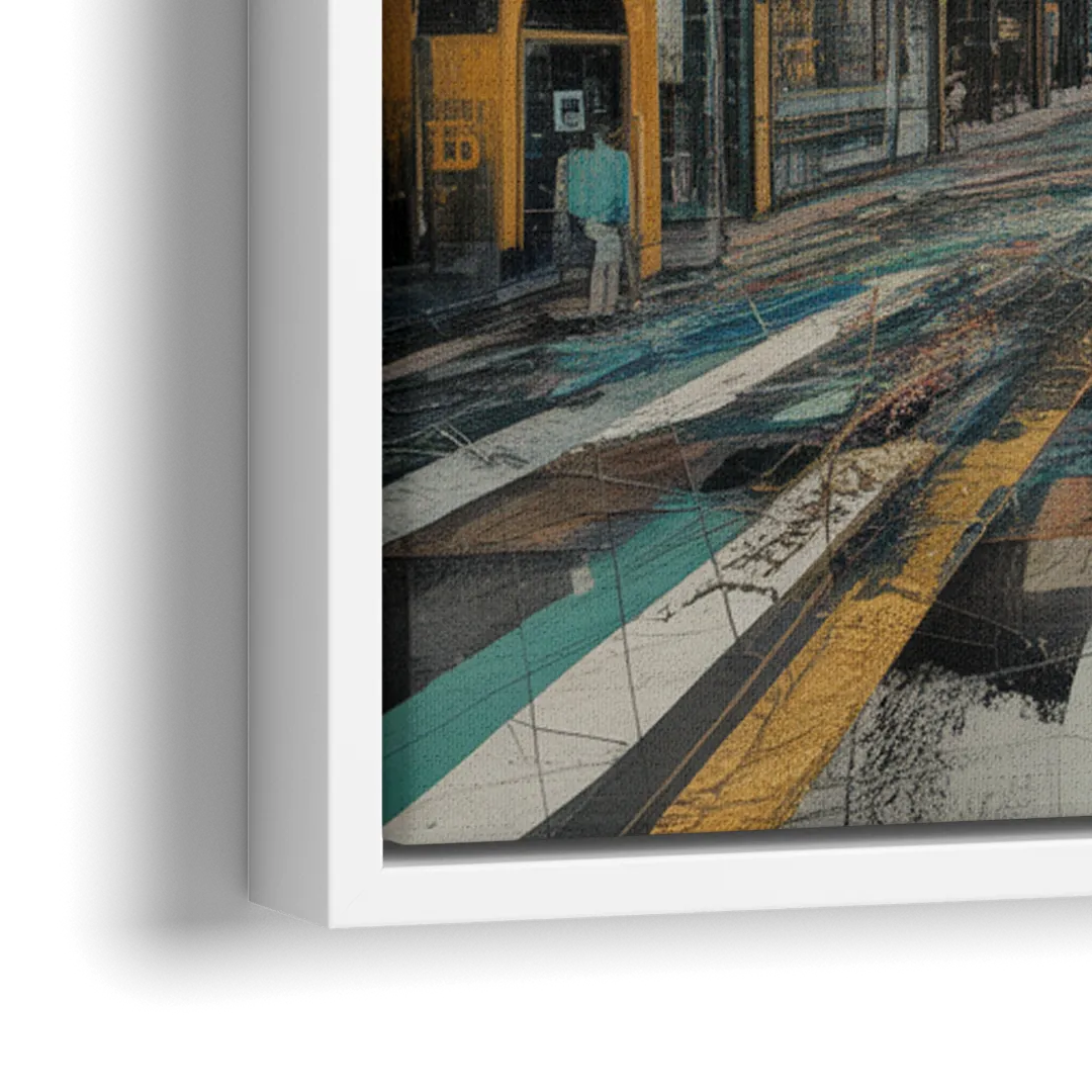 Dynamic Urban Layers Blue and Gold Abstract - Close-Up White Frame Canvas