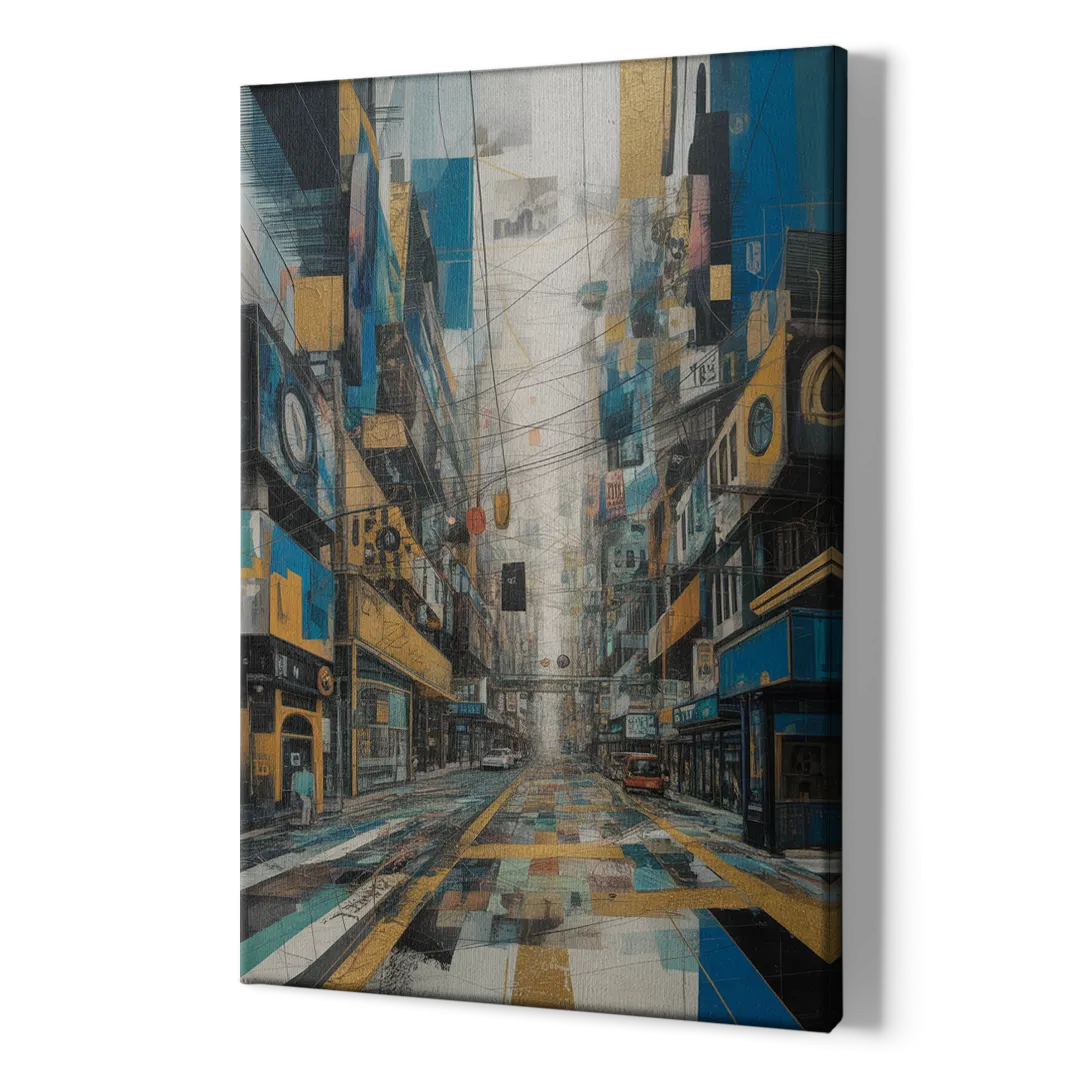Dynamic Urban Layers Blue and Gold Abstract - Canvas Print Art Sides