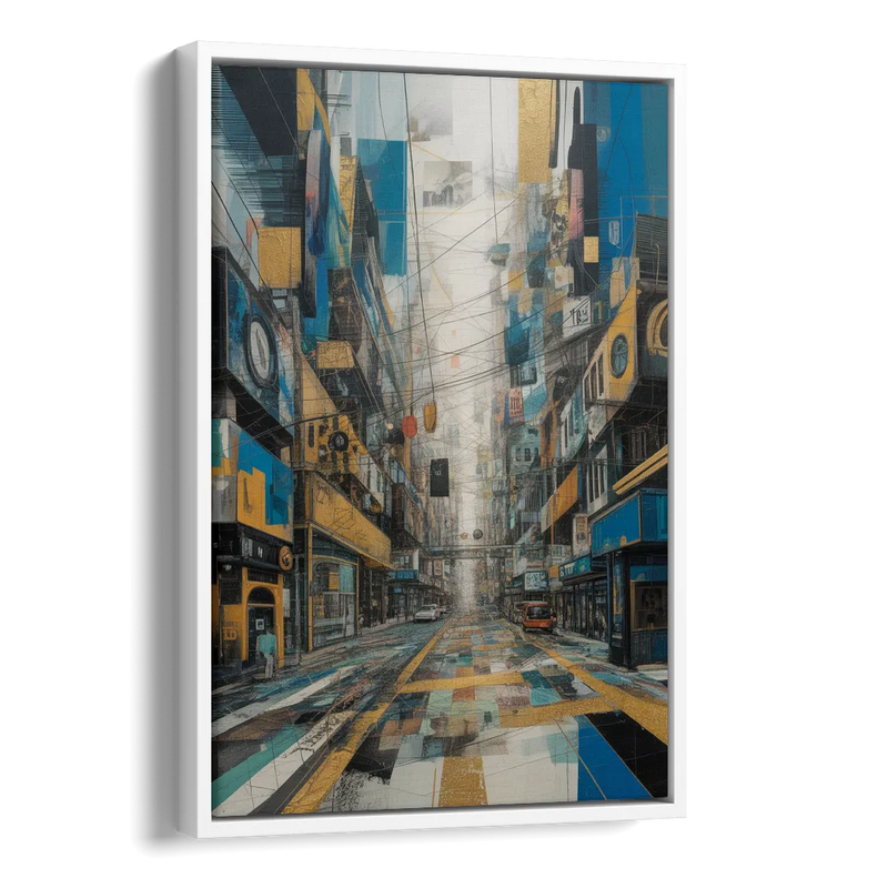 Dynamic Urban Layers Blue and Gold Abstract Side - White Canvas Wall Art