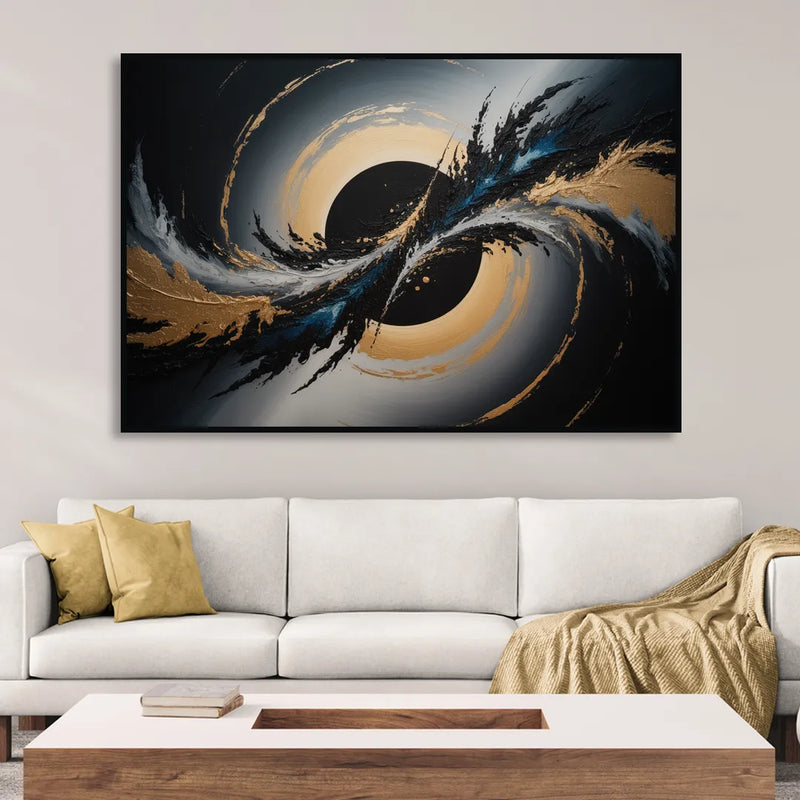 Eclipse Convergence Black Abstract Living Room - Black Canvas Wall Art