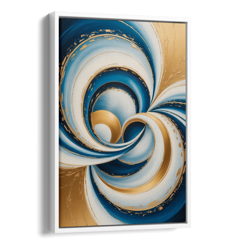 Elegance in Motion Blue and Gold Abstract Side - White Canvas Wall Art
