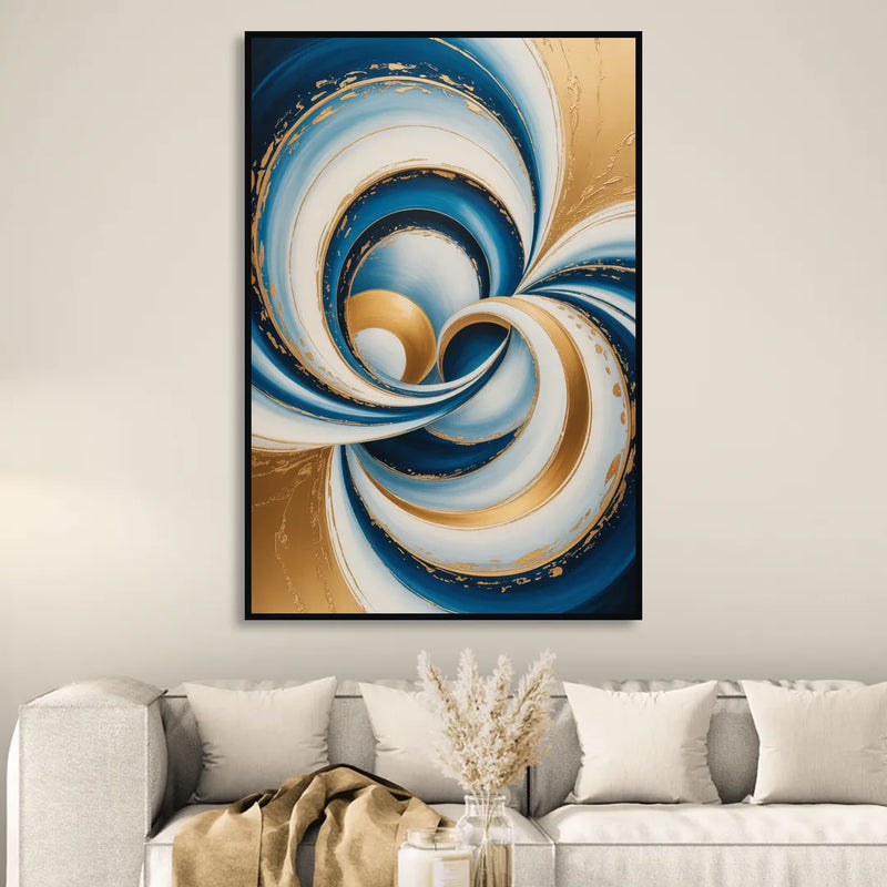 Elegance in Motion Blue and Gold Abstract Living Room - Black Canvas Wall Art