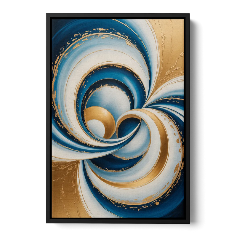 Elegance in Motion Blue and Gold Abstract Front - Black Canvas Wall Art