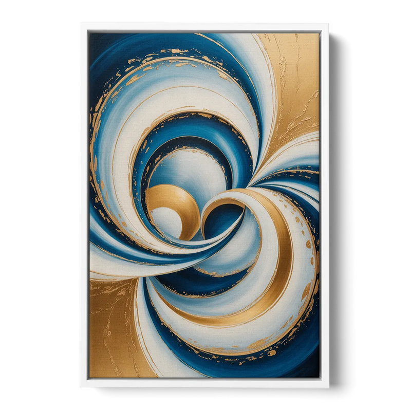 Elegance in Motion Blue and Gold Abstract Front - White Canvas Wall Art