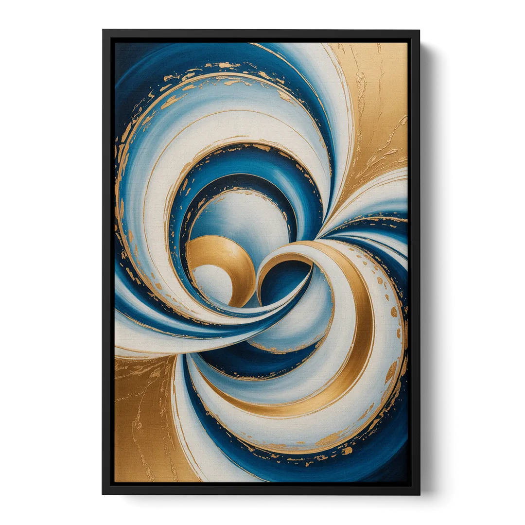Elegance in Motion Blue and Gold Abstract - Black Frame Canvas