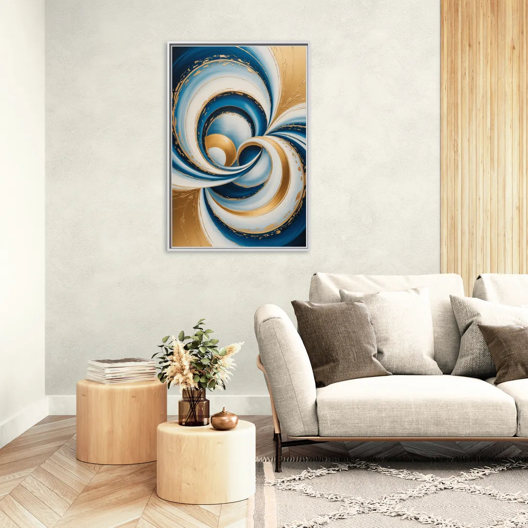 Elegance in Motion Blue and Gold Abstract - Living Room White Frame Canvas