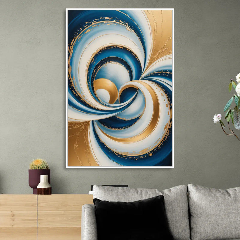 Elegance in Motion Blue and Gold Abstract Sitting Room - White Canvas Wall Art