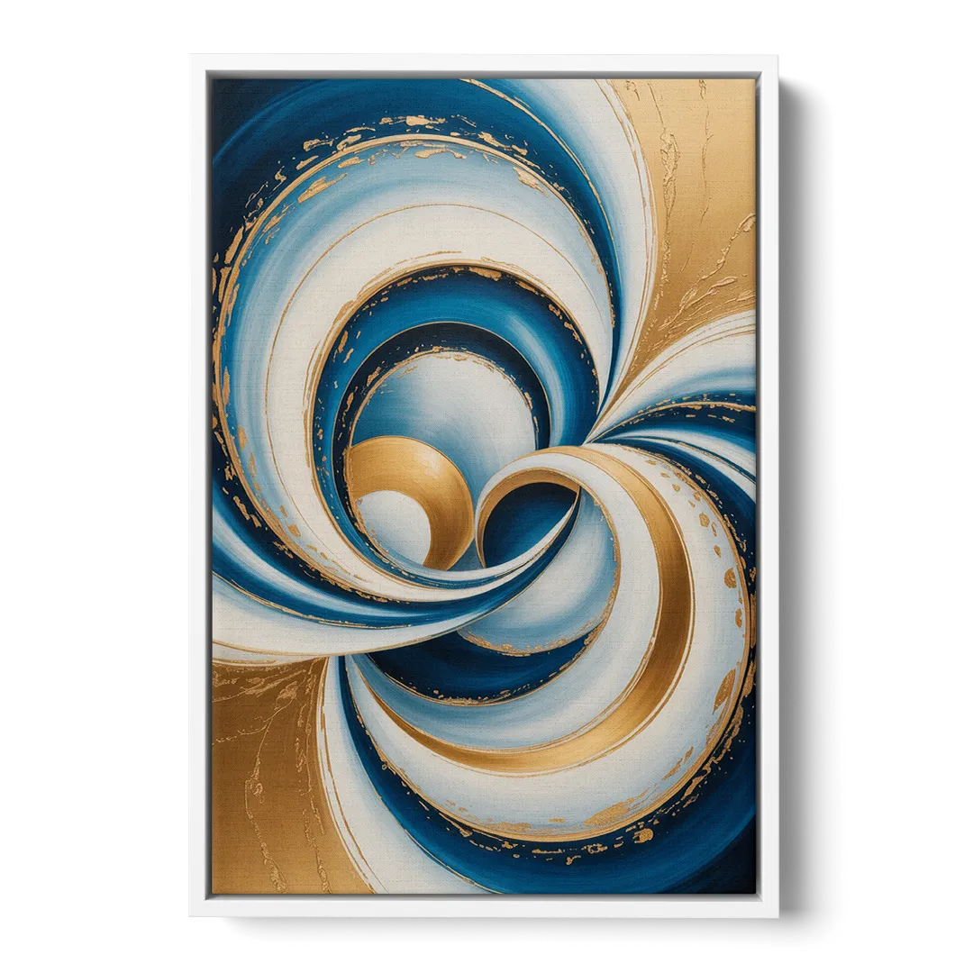 Elegance in Motion Blue and Gold Abstract - White Frame Canvas