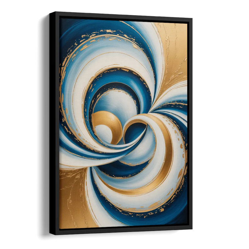 Elegance in Motion Blue and Gold Abstract Side - Black Canvas Wall Art