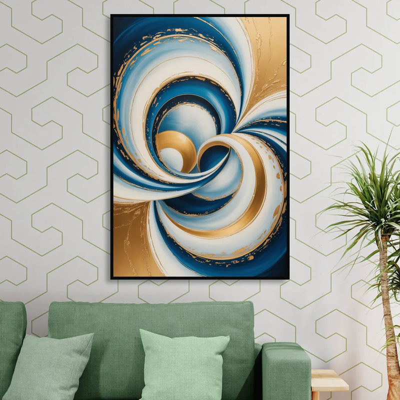 Elegance in Motion Blue and Gold Abstract Sitting Room - Black Canvas Wall Art