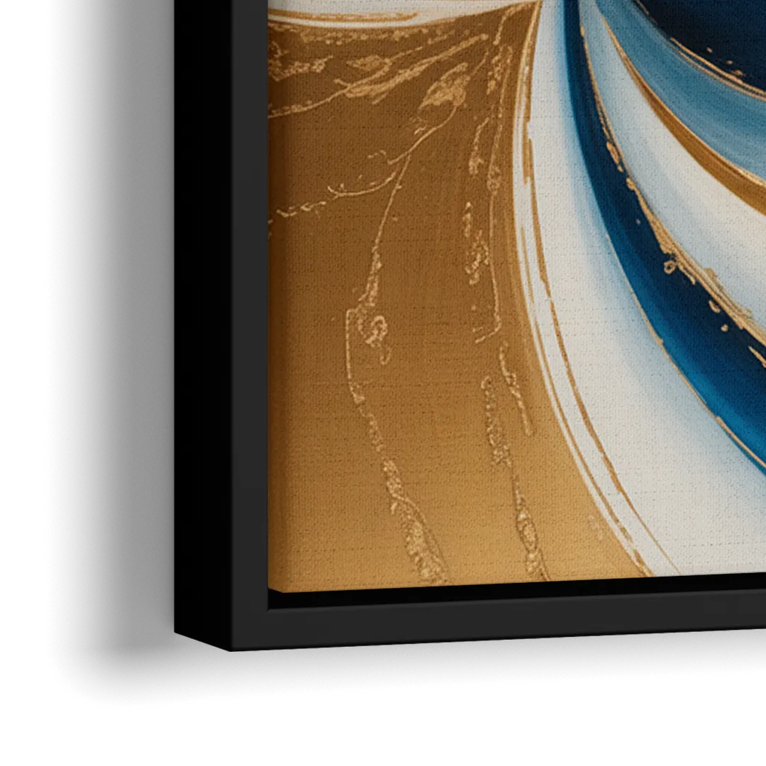 Elegance in Motion Blue and Gold Abstract - Close-Up Black Frame Canvas