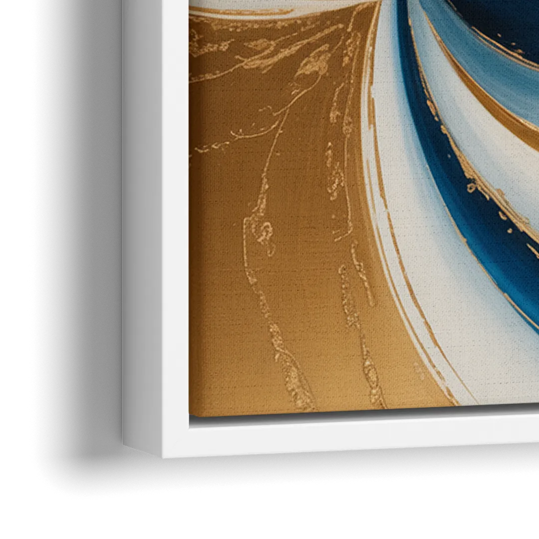 Elegance in Motion Blue and Gold Abstract - Close-Up White Frame Canvas