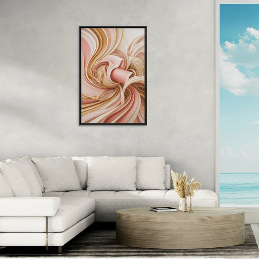 Elegance in Motion Pink and Gold Abstract - Living Room Black Frame Canvas