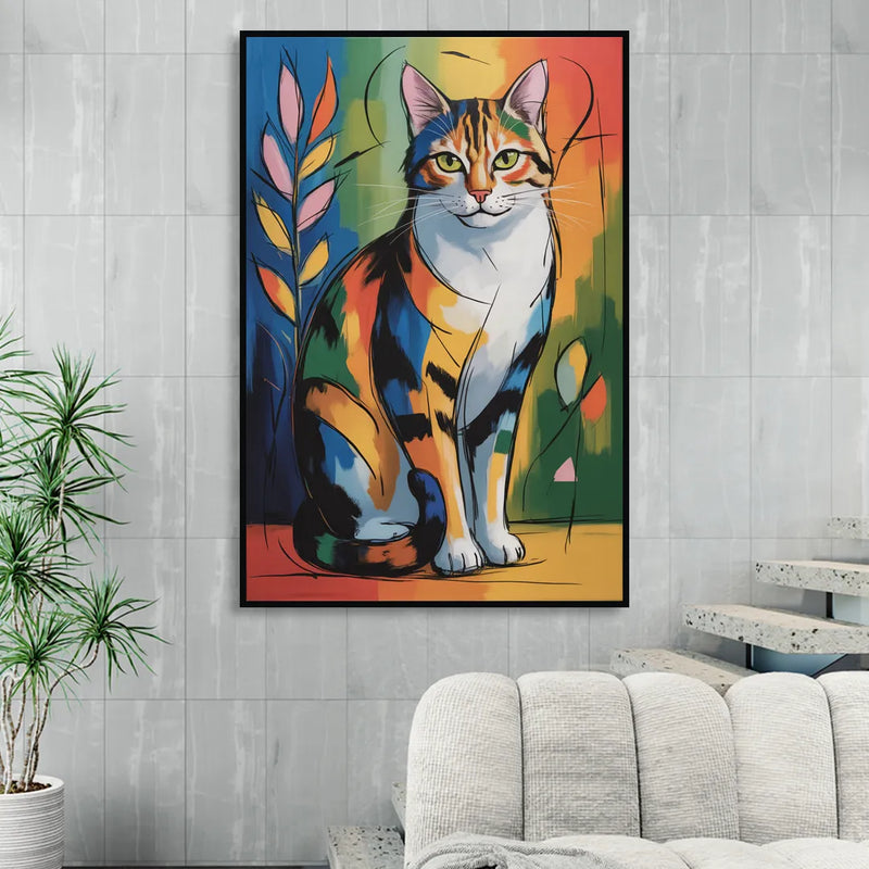 Elegant Calico Cat Sitting Room - Black Canvas Wall Art