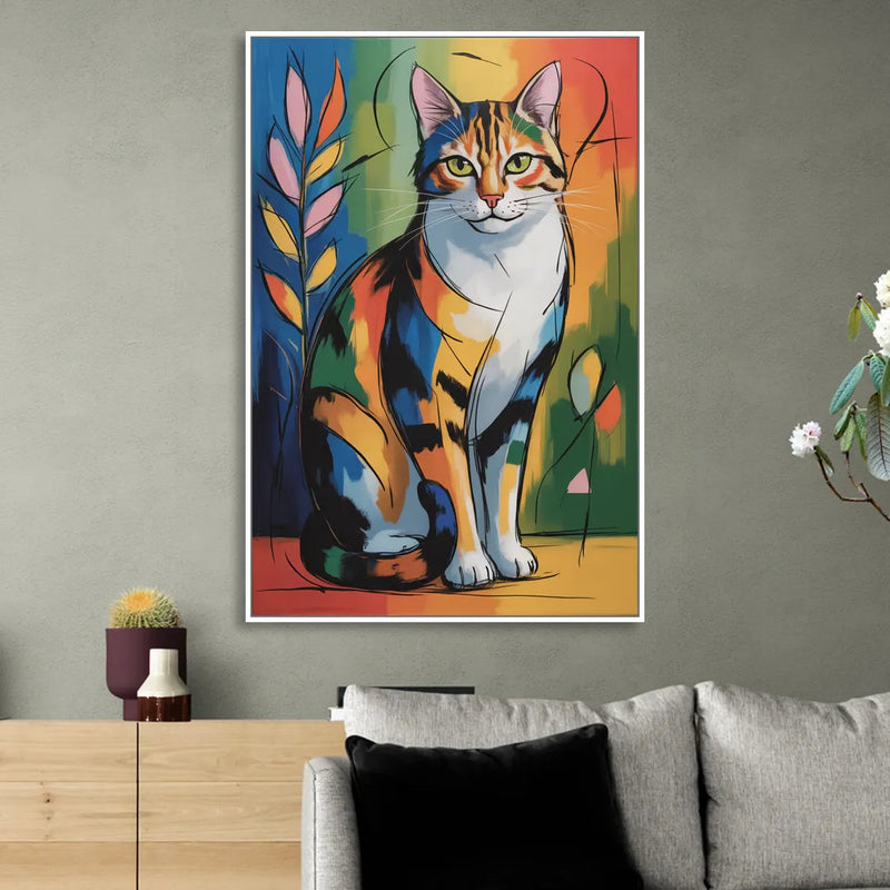 Elegant Calico Cat Living Room - White Canvas Wall Art