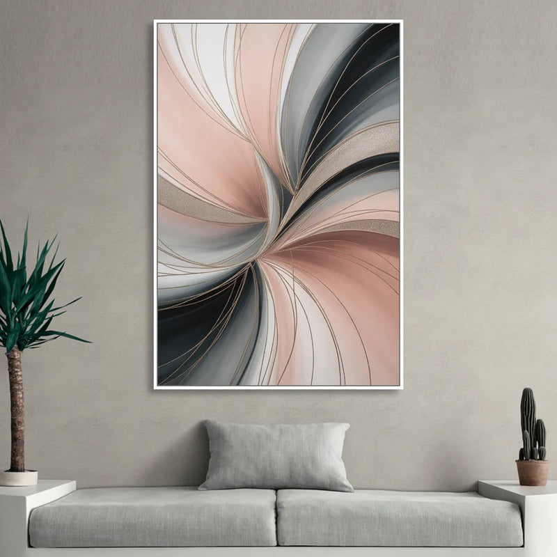 Elegant Curves Pink and Grey Abstract Sitting Room - White Canvas Wall Art