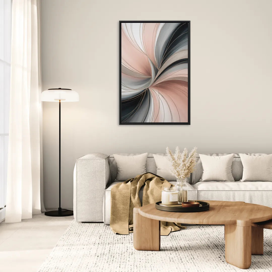 Elegant Curves Pink and Grey Abstract - Living Room Black Frame Canvas