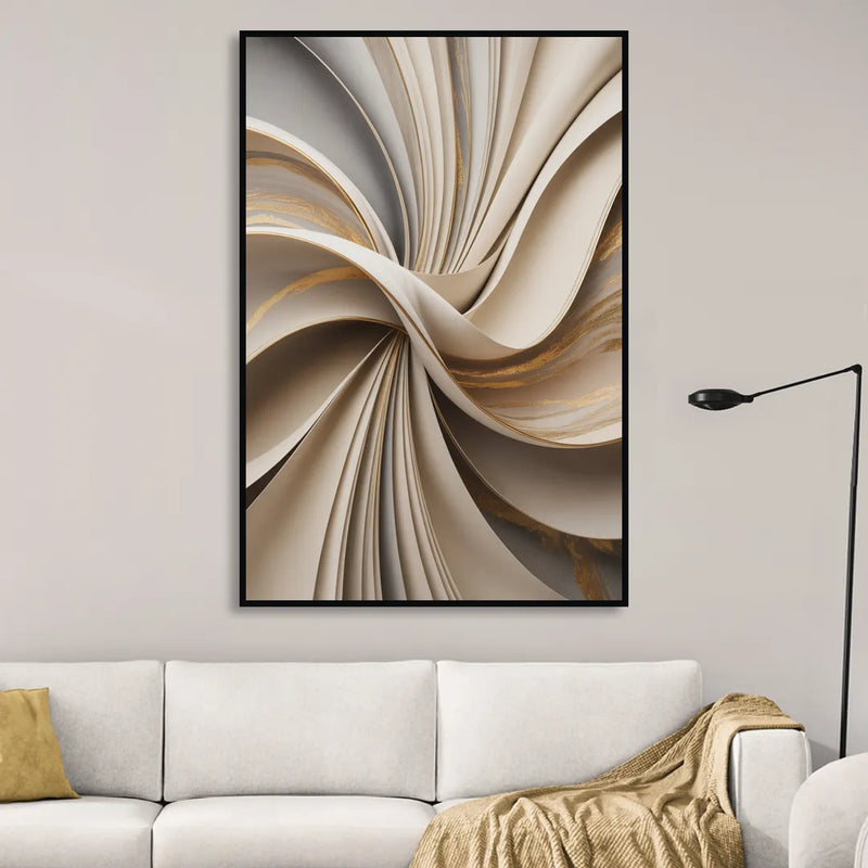Elegant Flow Beige Abstract Living Room - Black Canvas Wall Art