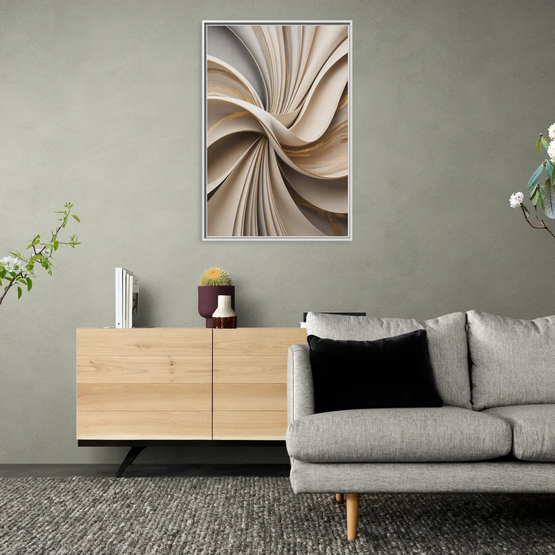 Elegant Flow Beige Abstract - Living Room White Frame Canvas
