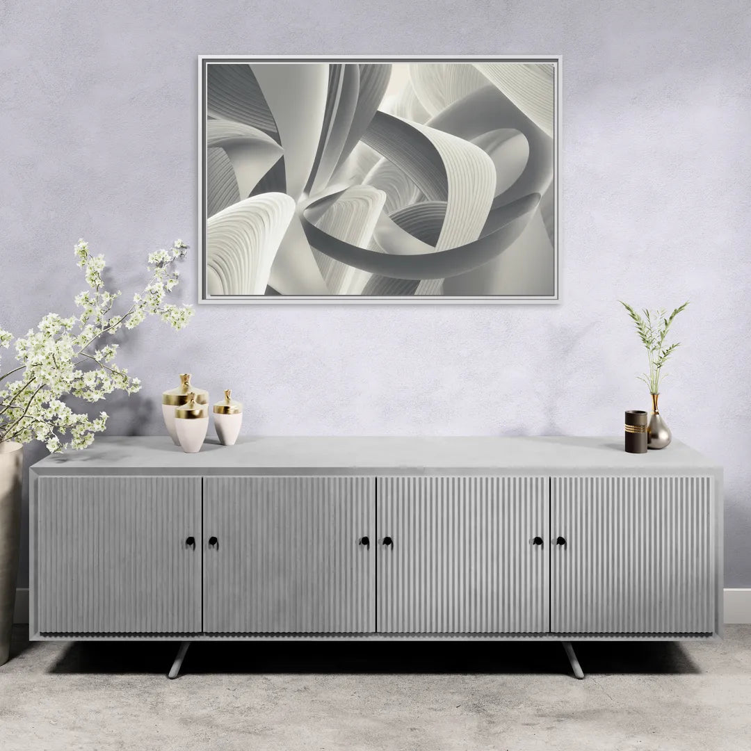 Elegant Flow Grey and White Abstract - Living Room White Frame Canvas