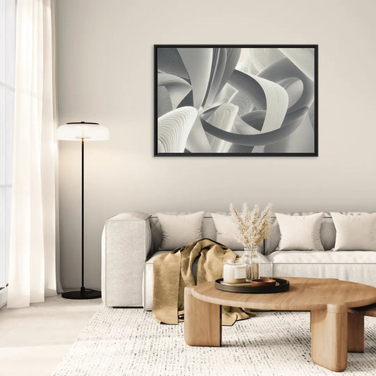 Elegant Flow Grey and White Abstract - Living Room Black Frame Canvas