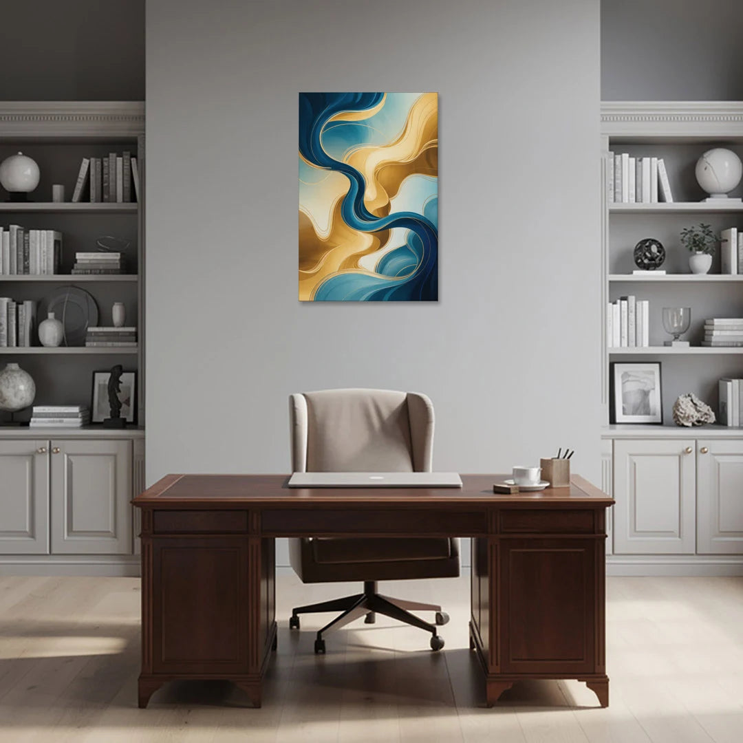 Elegant Fluidity Blue and Gold Abstract - Canvas Wall Art - Office - 24x36