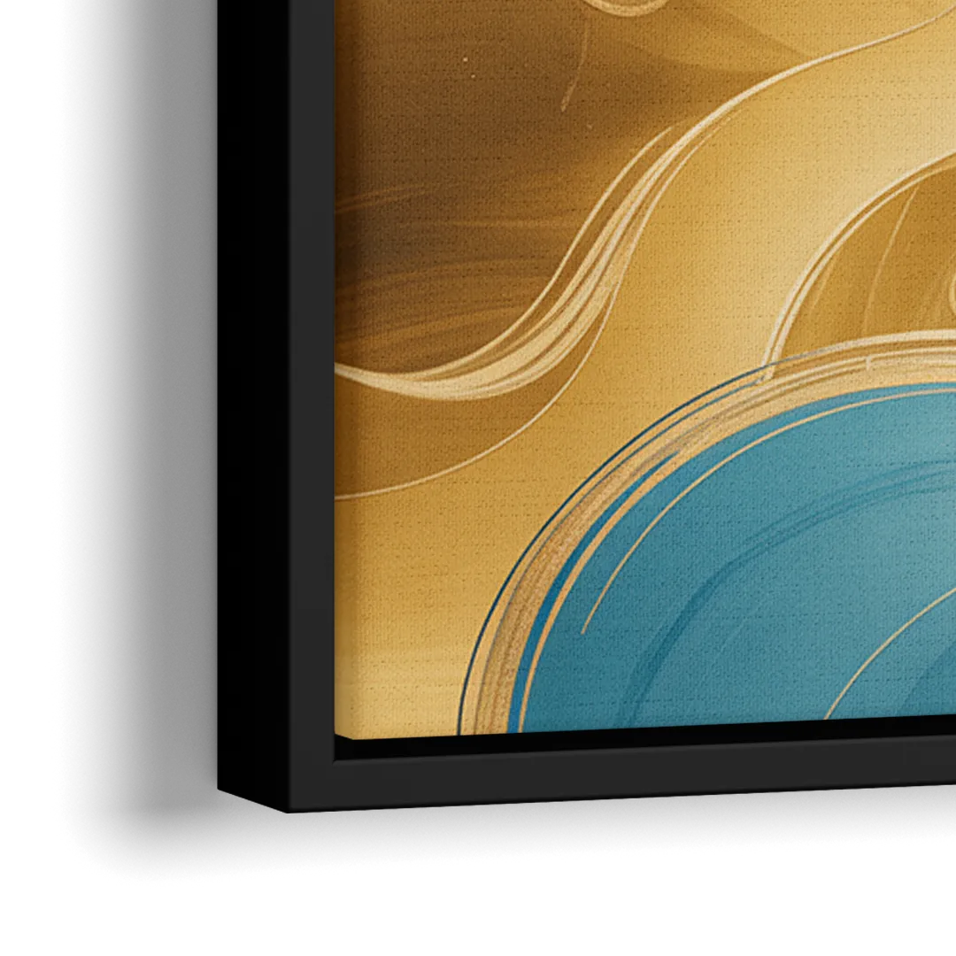 Elegant Fluidity Blue and Gold Abstract - Close-Up Black Frame Canvas