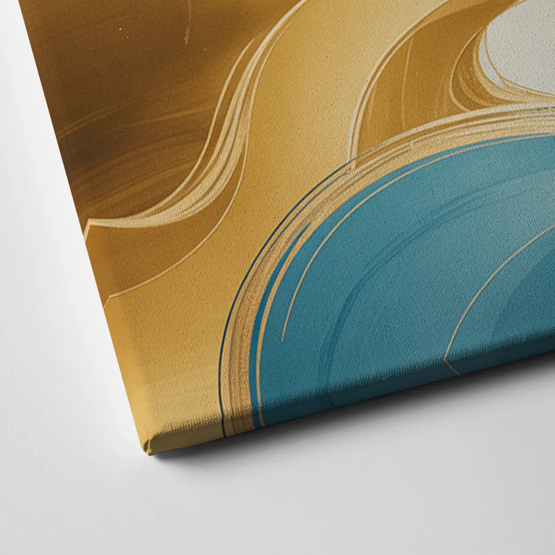 Elegant Fluidity Blue and Gold Abstract Canvas Close Up