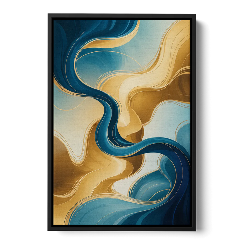 Elegant Fluidity Blue and Gold Abstract Front - Black Canvas Wall Art