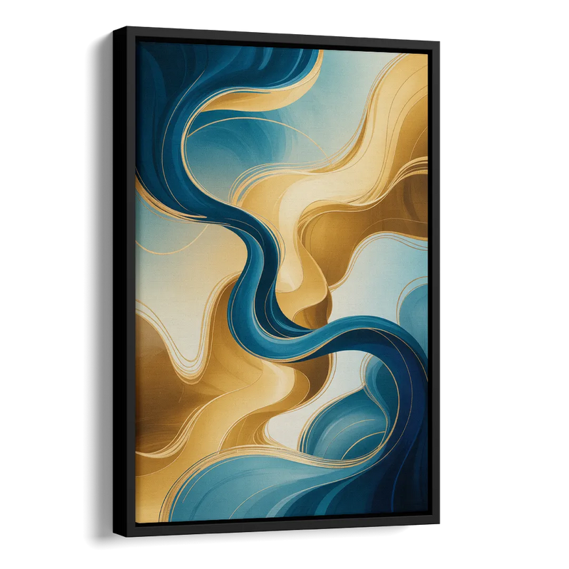 Elegant Fluidity Blue and Gold Abstract Side - Black Canvas Wall Art