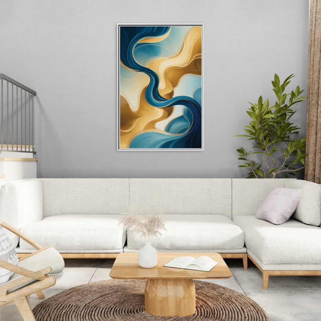Elegant Fluidity Blue and Gold Abstract - Living Room White Frame Canvas