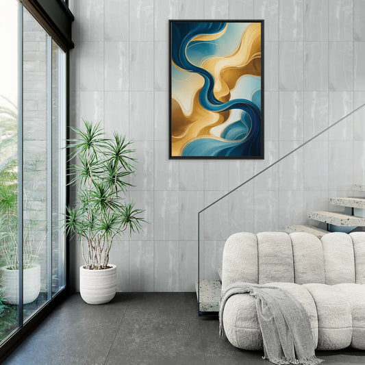Elegant Fluidity Blue and Gold Abstract - Living Room Black Frame Canvas