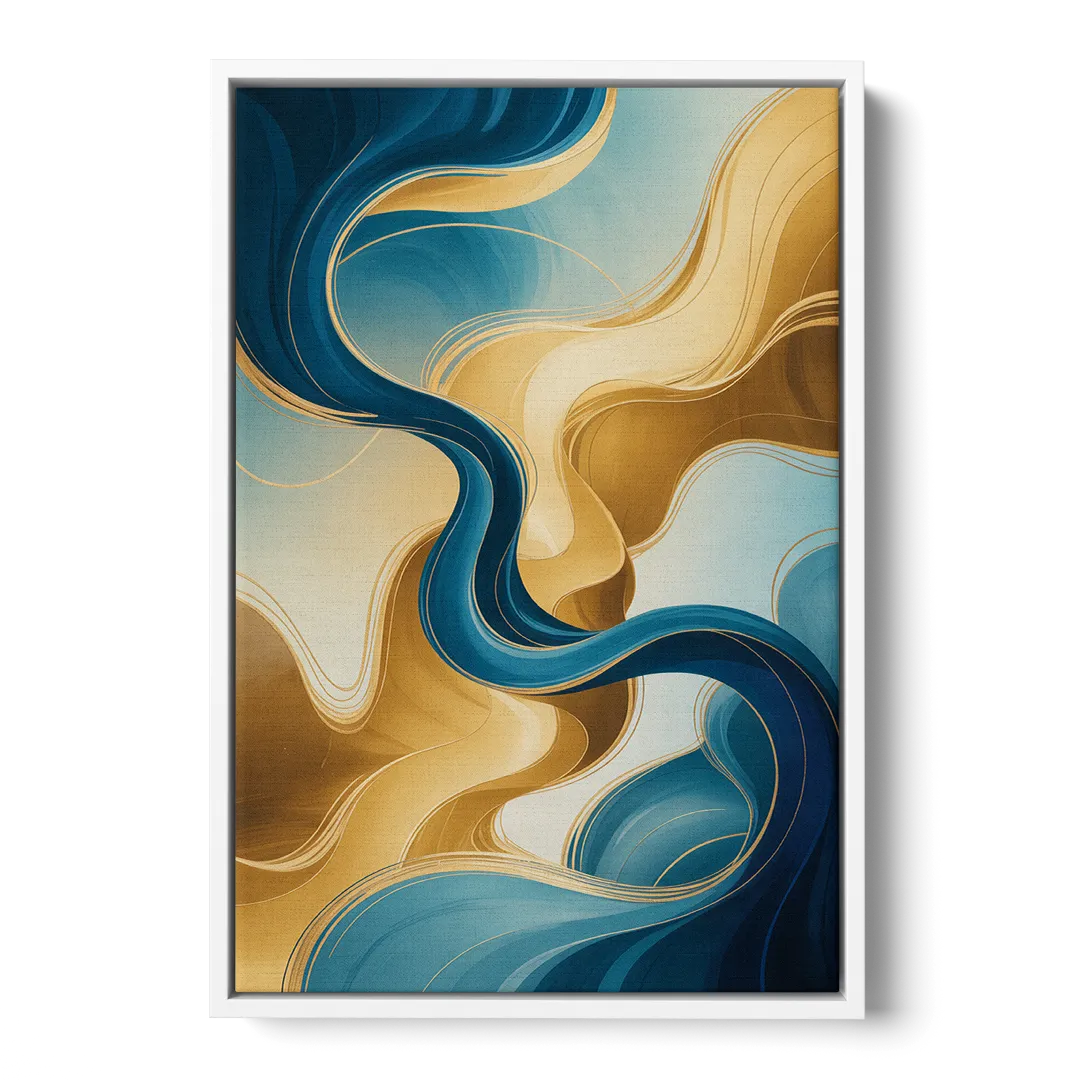 Elegant Fluidity Blue and Gold Abstract - White Frame Canvas