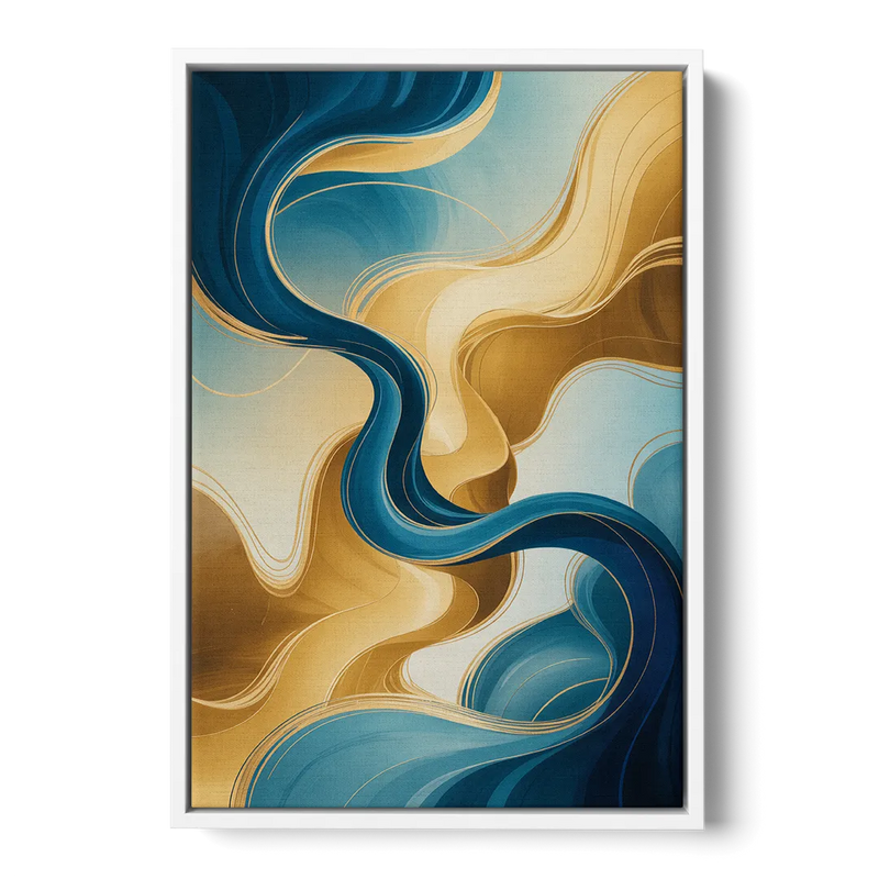 Elegant Fluidity Blue and Gold Abstract Front - White Canvas Wall Art
