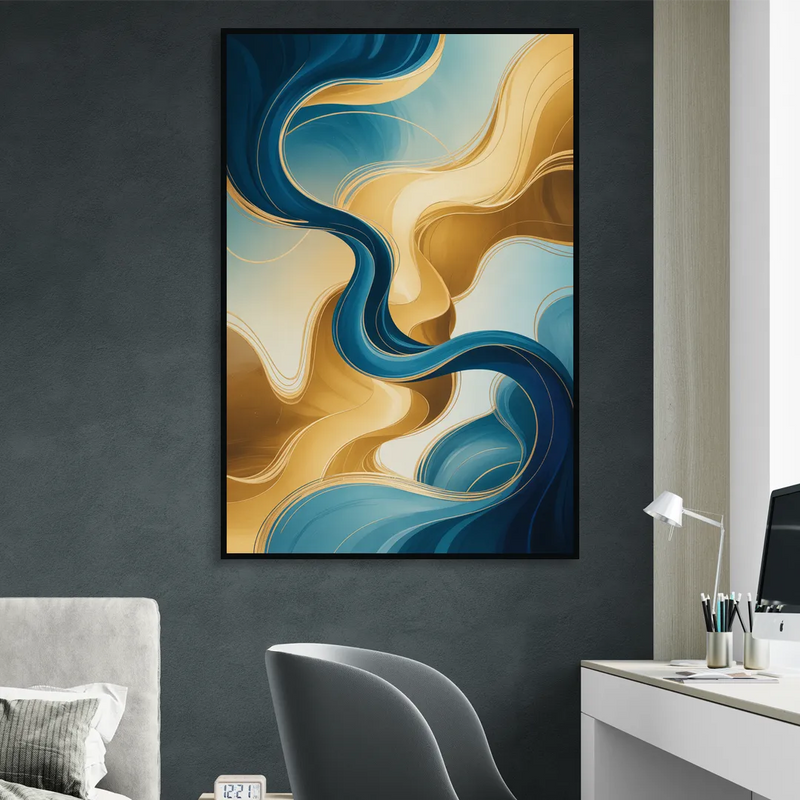 Elegant Fluidity Blue and Gold Abstract Sitting Room - Black Canvas Wall Art