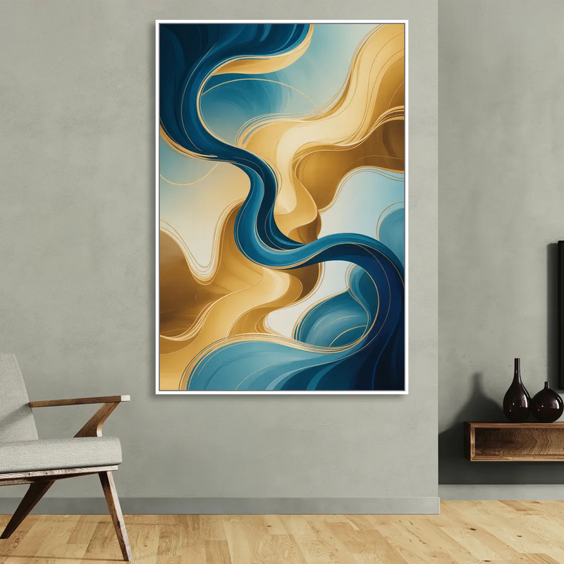 Elegant Fluidity Blue and Gold Abstract Sitting Room - White Canvas Wall Art