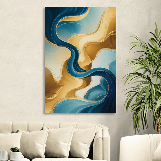 Elegant Fluidity Blue and Gold Abstract Living Room - Canvas Wall Art