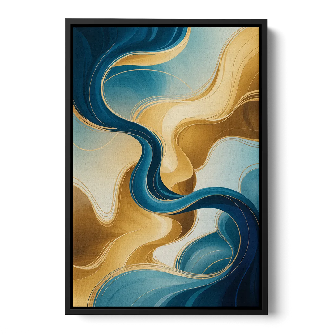 Elegant Fluidity Blue and Gold Abstract - Black Frame Canvas